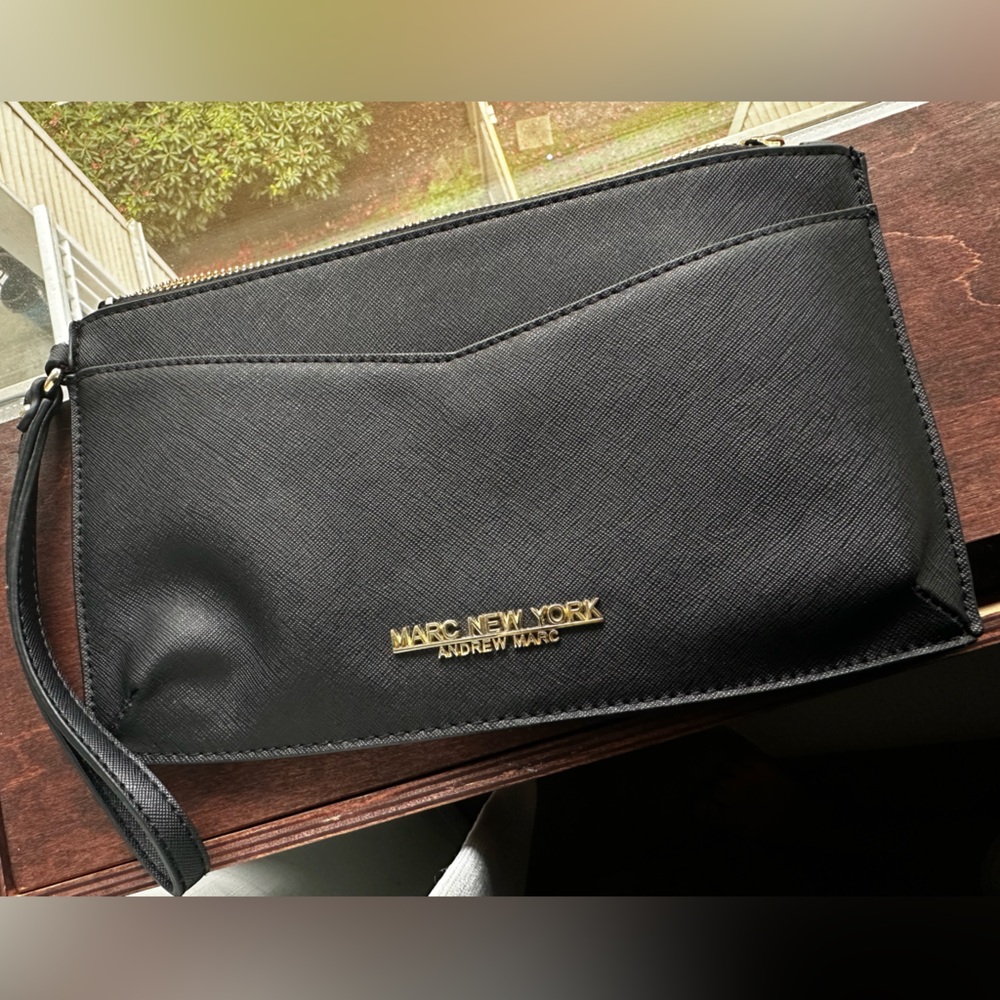 SOLD - EUC Marc New York - Andrew Marc Black 10” Clutch with gold details